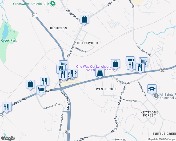 map of restaurants, bars, coffee shops, grocery stores, and more near 51 Countryplace Lane in Lynchburg