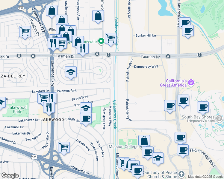 map of restaurants, bars, coffee shops, grocery stores, and more near 1188 Manzano Way in Sunnyvale