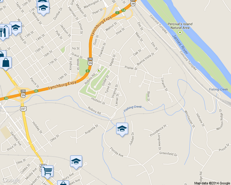 map of restaurants, bars, coffee shops, grocery stores, and more near 1100 Virginia Street in Lynchburg