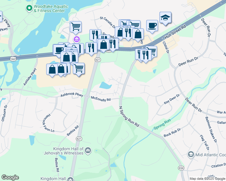 map of restaurants, bars, coffee shops, grocery stores, and more near 7334 Norwood Pond Place in Midlothian