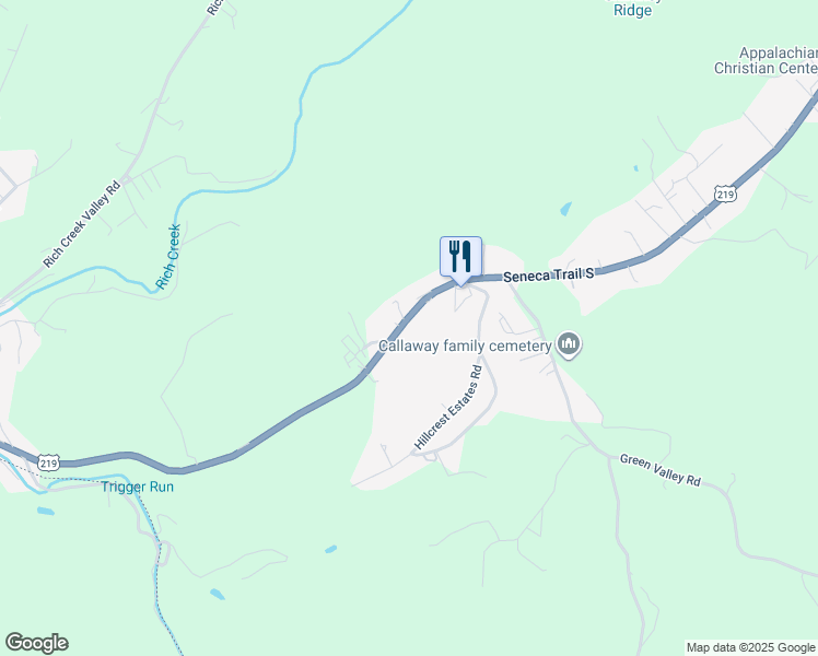 map of restaurants, bars, coffee shops, grocery stores, and more near 1668 Seneca Trail South in Peterstown
