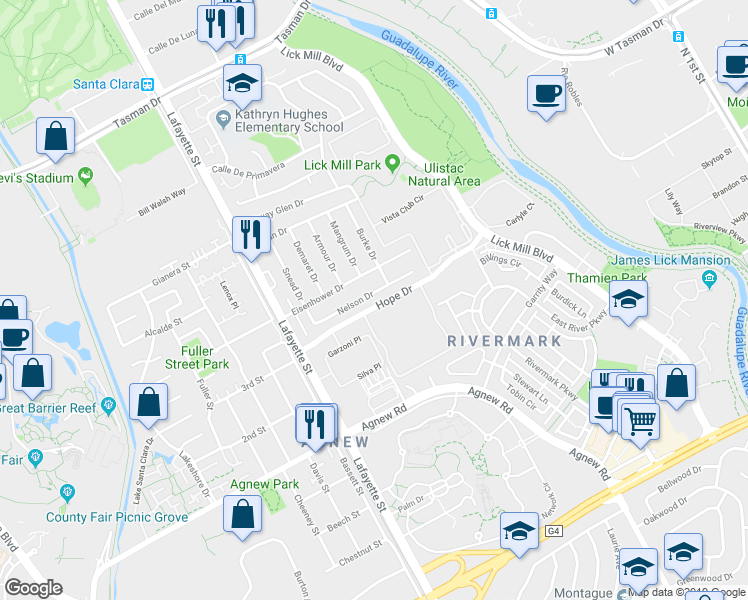 map of restaurants, bars, coffee shops, grocery stores, and more near 1680 Nelson Drive in Santa Clara
