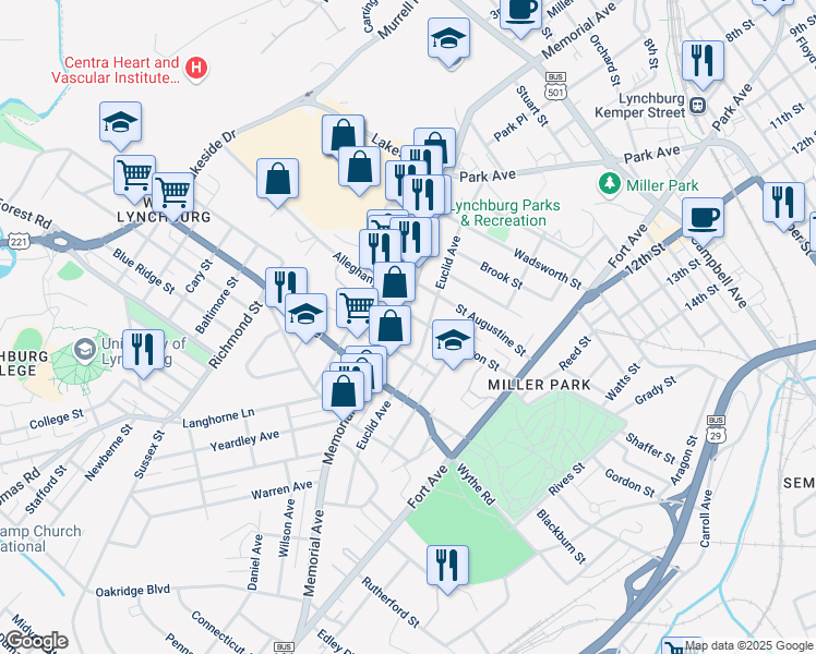 map of restaurants, bars, coffee shops, grocery stores, and more near 2704 Memorial Avenue in Lynchburg