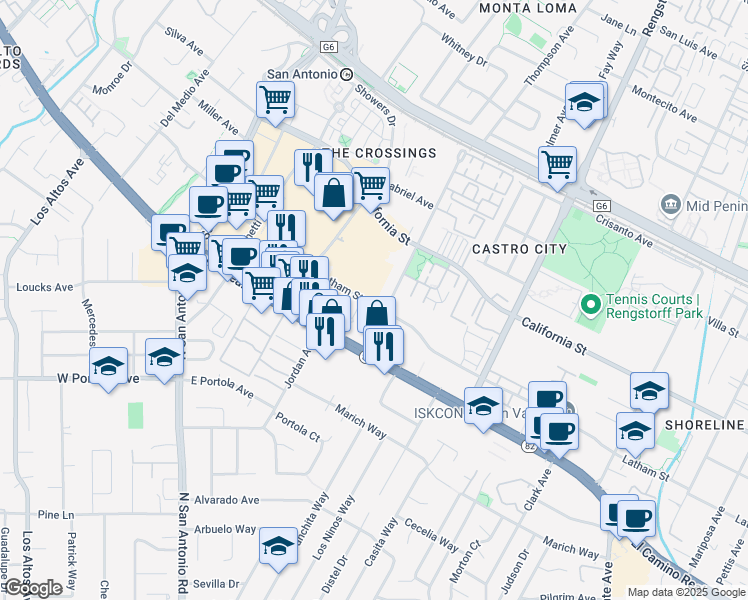 map of restaurants, bars, coffee shops, grocery stores, and more near 400a Ortega Avenue in Mountain View