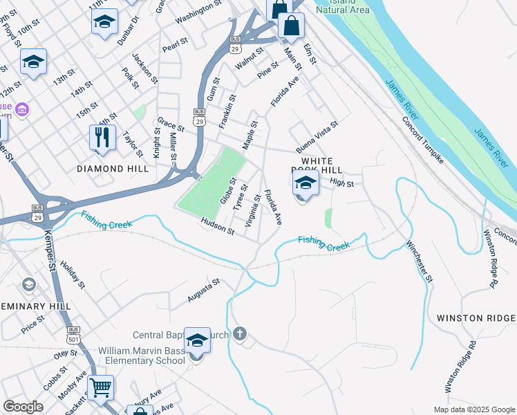 map of restaurants, bars, coffee shops, grocery stores, and more near 1100 Virginia Street in Lynchburg
