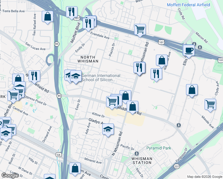 map of restaurants, bars, coffee shops, grocery stores, and more near 112 Flynn Avenue in Mountain View