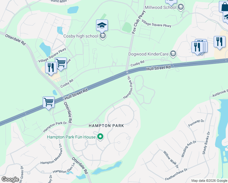 map of restaurants, bars, coffee shops, grocery stores, and more near 15500 Hampton Park Drive in Chesterfield