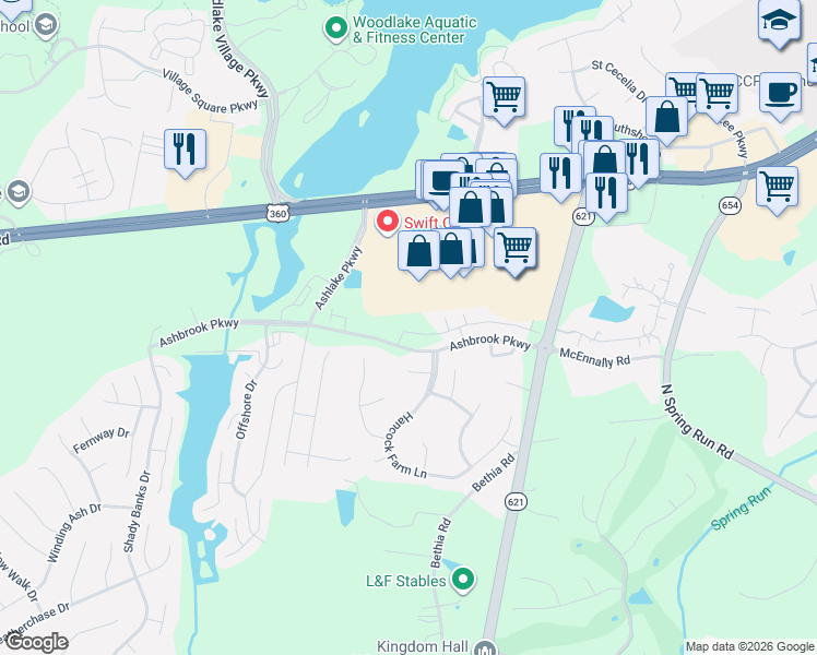 map of restaurants, bars, coffee shops, grocery stores, and more near Ashbrook Parkway in Chesterfield