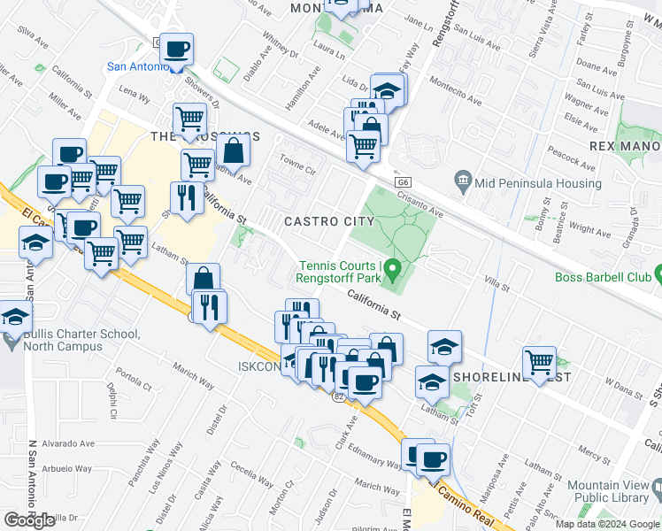 map of restaurants, bars, coffee shops, grocery stores, and more near South Rengstorff Avenue in Mountain View
