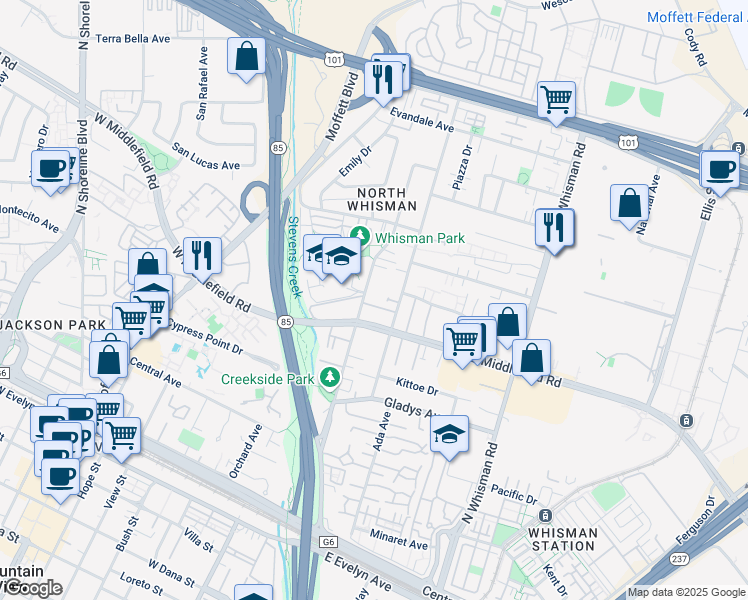 map of restaurants, bars, coffee shops, grocery stores, and more near 305 Easy Street in Mountain View
