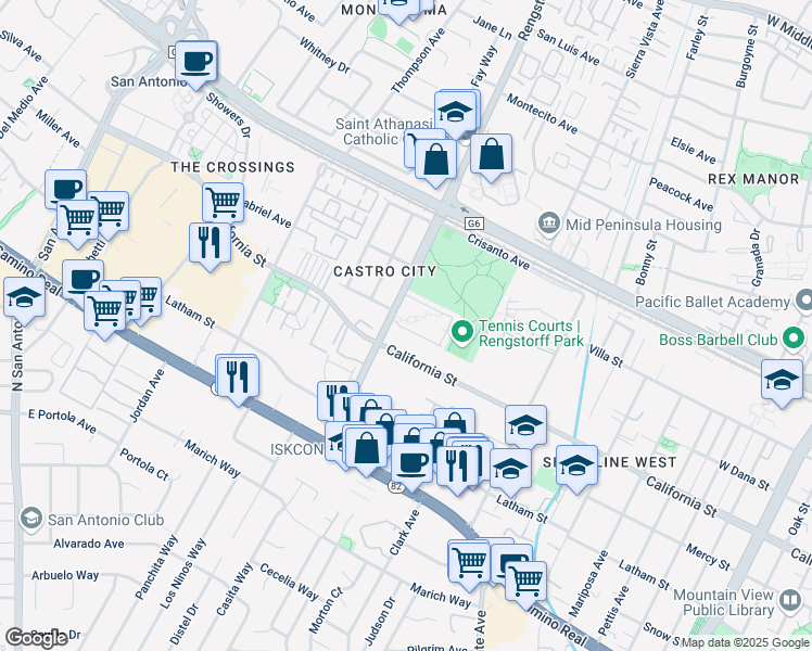 map of restaurants, bars, coffee shops, grocery stores, and more near 255 South Rengstorff Avenue in Mountain View