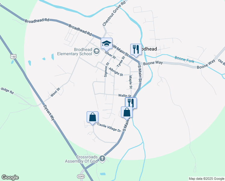 map of restaurants, bars, coffee shops, grocery stores, and more near 261 Tyree Street in Brodhead