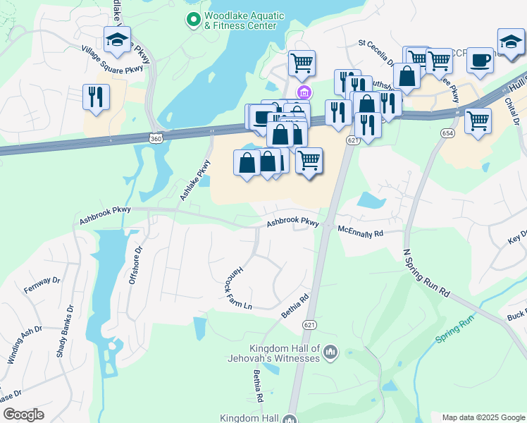 map of restaurants, bars, coffee shops, grocery stores, and more near 7408 Hancock Towns Court in Chesterfield