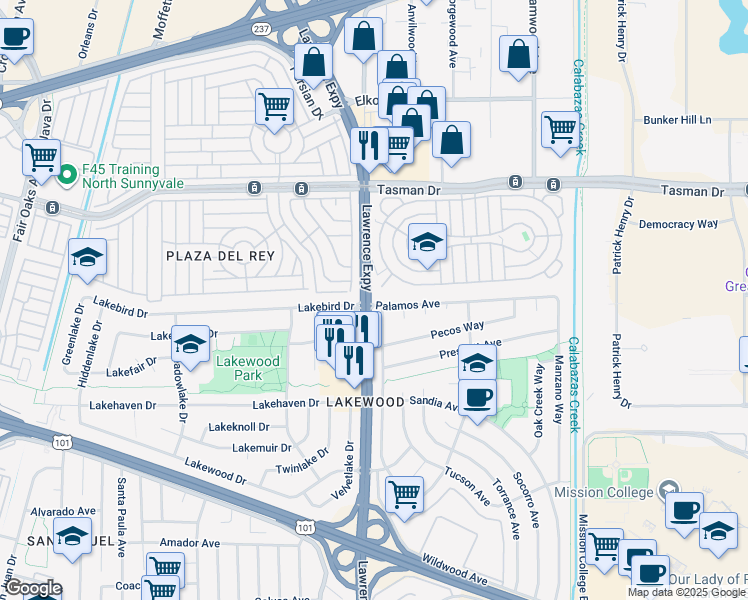 map of restaurants, bars, coffee shops, grocery stores, and more near 1101 Palamos Avenue in Sunnyvale