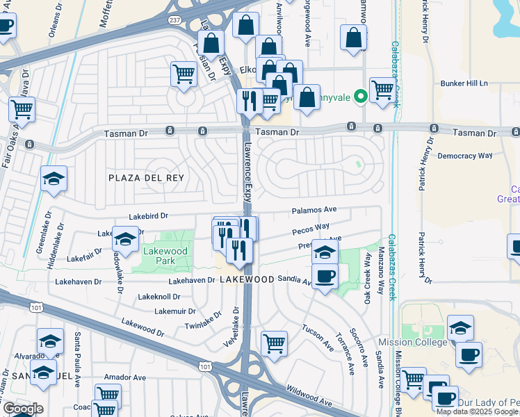 map of restaurants, bars, coffee shops, grocery stores, and more near 1111 Palamos Avenue in Sunnyvale