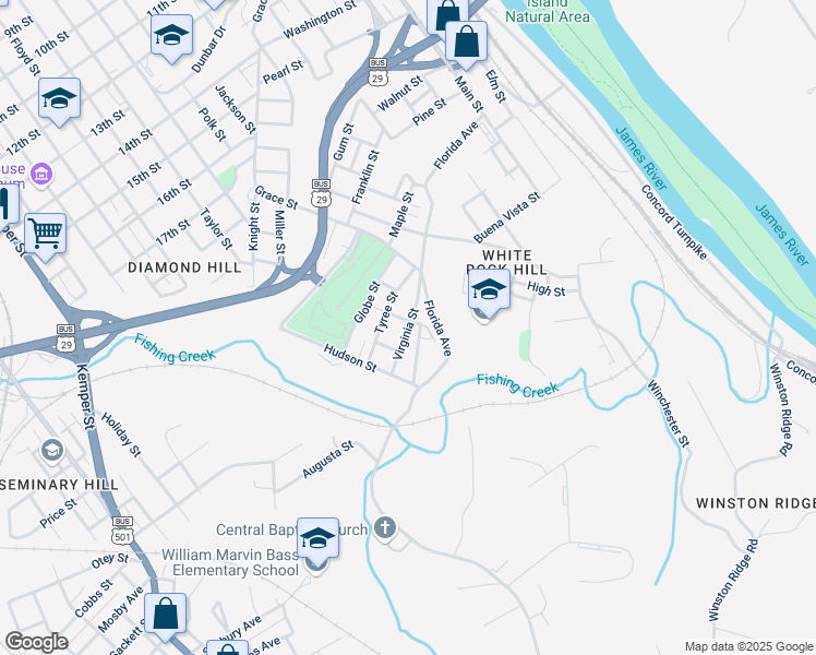 map of restaurants, bars, coffee shops, grocery stores, and more near 1101 Virginia Street in Lynchburg