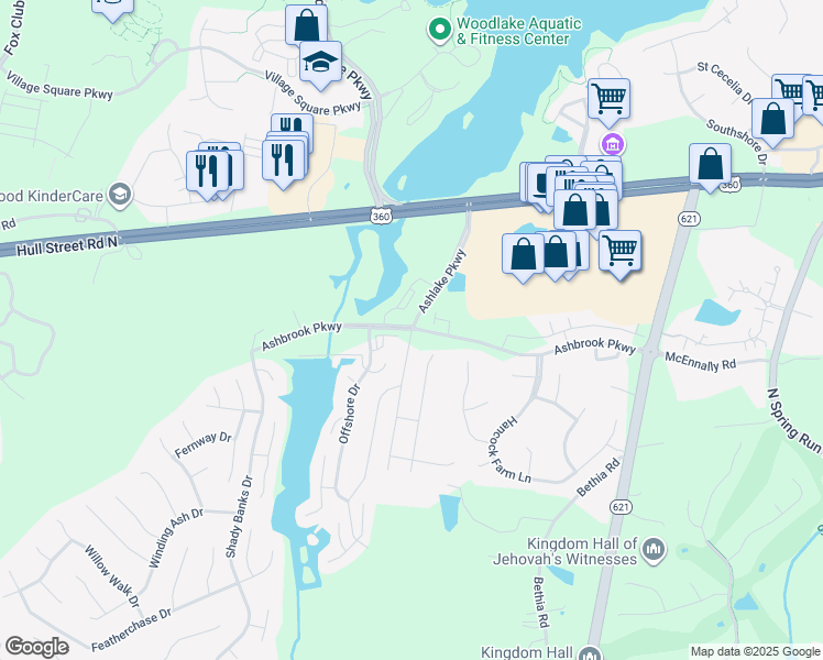 map of restaurants, bars, coffee shops, grocery stores, and more near Ashbrook Parkway in Chesterfield