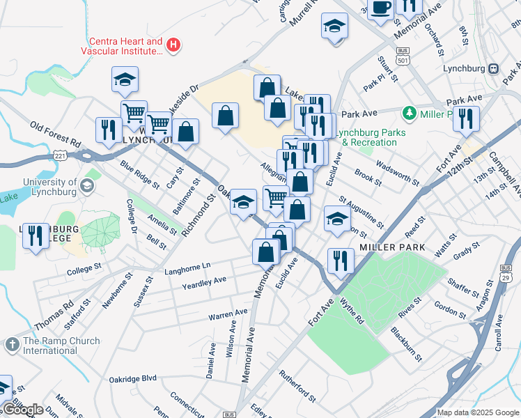 map of restaurants, bars, coffee shops, grocery stores, and more near 540 Oakley Avenue in Lynchburg