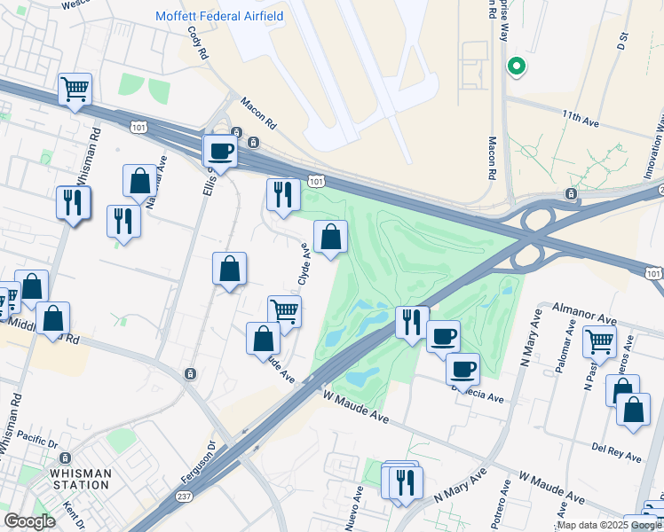 map of restaurants, bars, coffee shops, grocery stores, and more near 567 Clyde Avenue in Mountain View