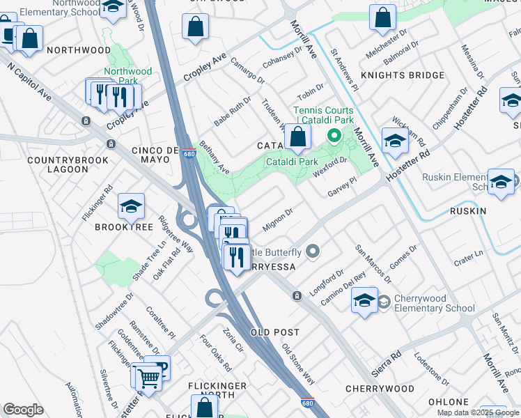map of restaurants, bars, coffee shops, grocery stores, and more near 2677 Middleborough Circle in San Jose