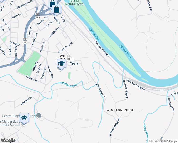 map of restaurants, bars, coffee shops, grocery stores, and more near 2701 Holt Street in Lynchburg