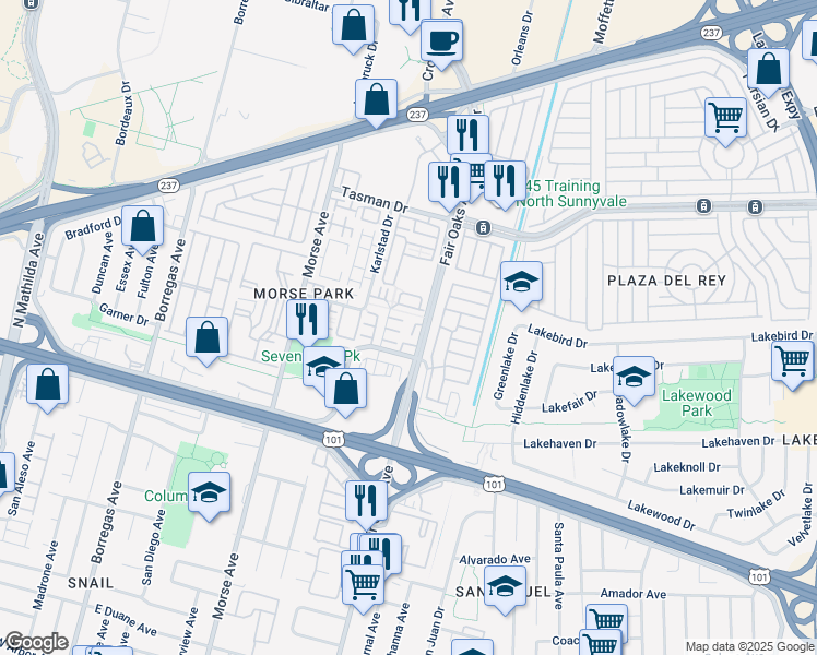 map of restaurants, bars, coffee shops, grocery stores, and more near 1035 Scotia Terrace in Sunnyvale