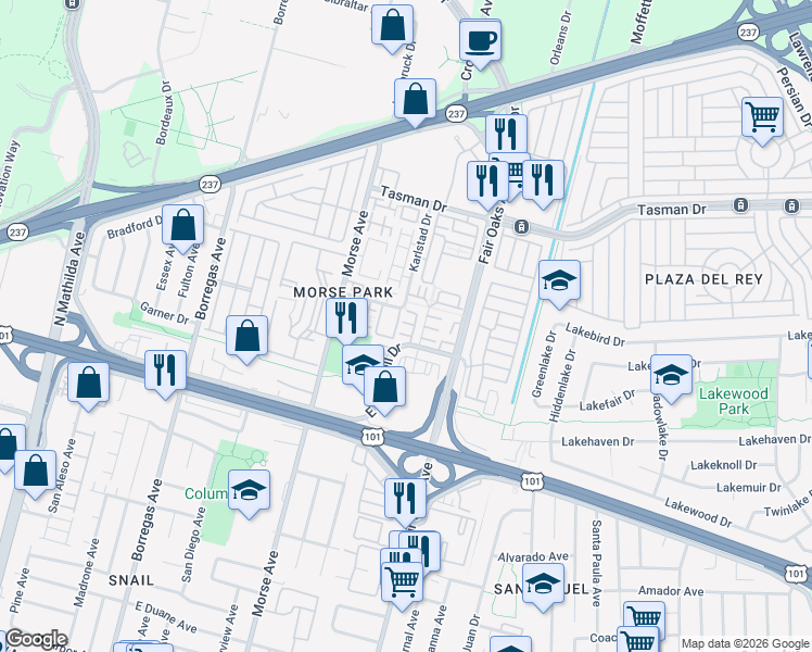 map of restaurants, bars, coffee shops, grocery stores, and more near 504 San Jorge Terrace in Sunnyvale
