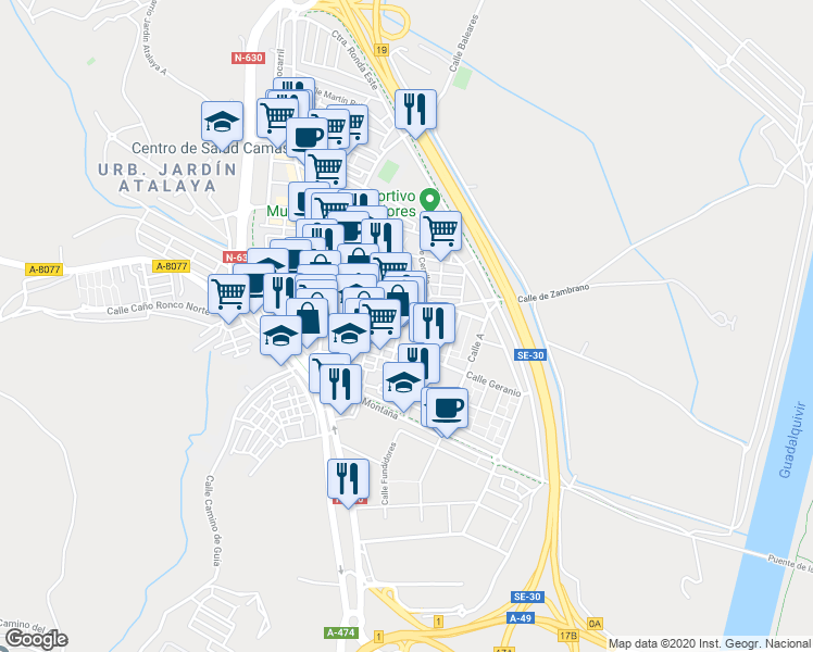 map of restaurants, bars, coffee shops, grocery stores, and more near 5 Calle Badajoz in Camas