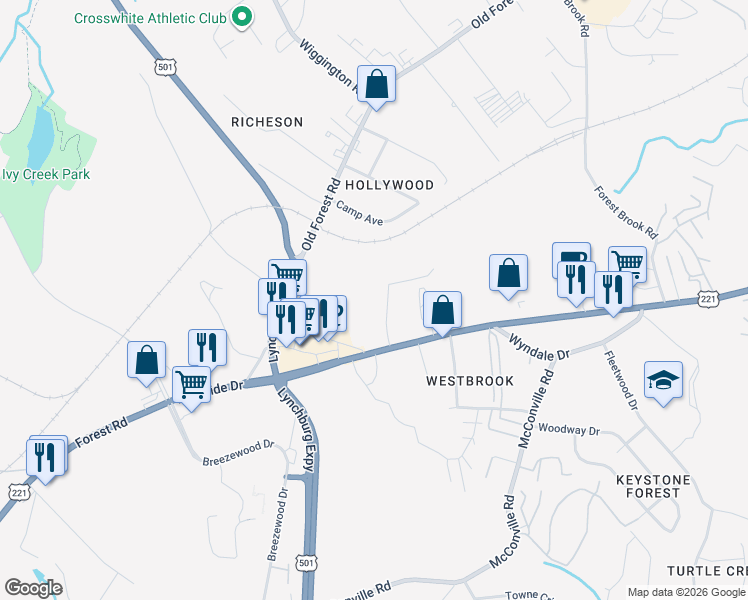 map of restaurants, bars, coffee shops, grocery stores, and more near 51 Countryplace Lane in Lynchburg