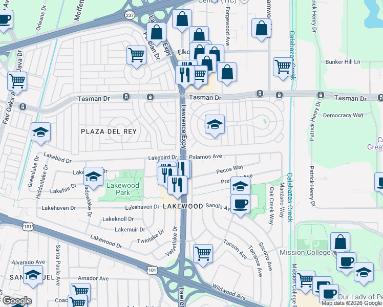map of restaurants, bars, coffee shops, grocery stores, and more near 1111 Palamos Avenue in Sunnyvale