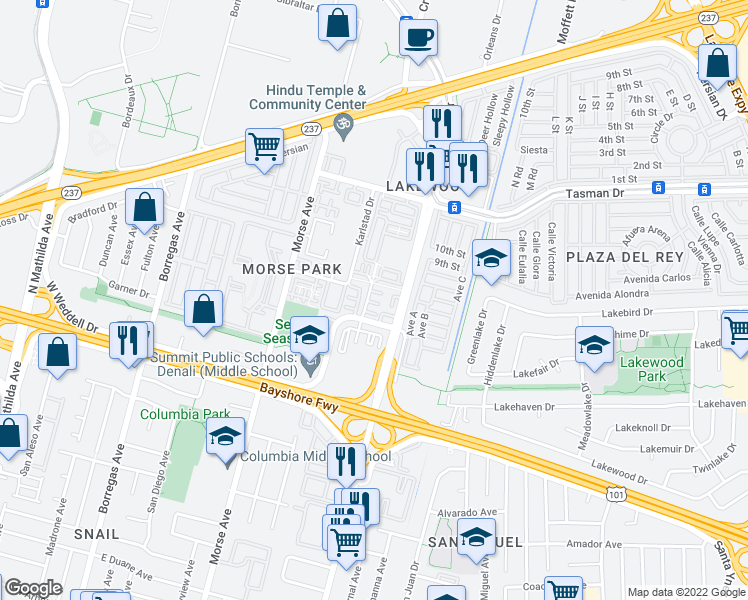 map of restaurants, bars, coffee shops, grocery stores, and more near 514 Sirte Terrace in Sunnyvale