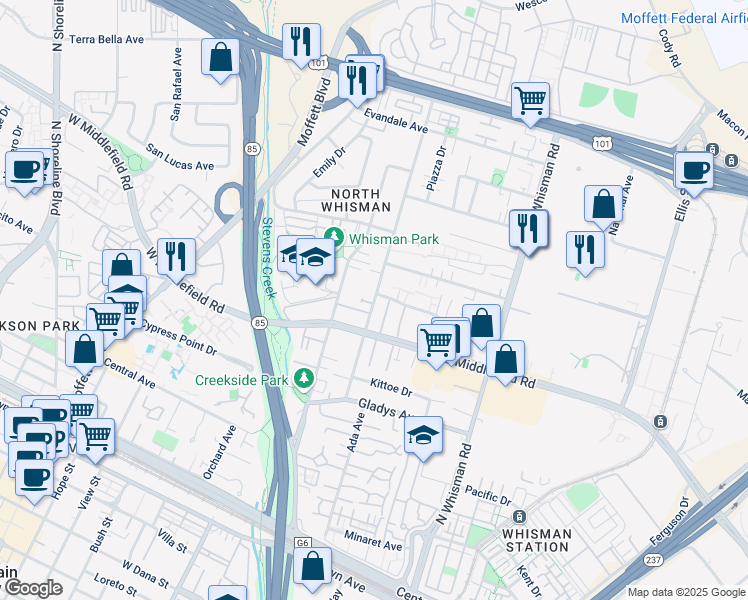 map of restaurants, bars, coffee shops, grocery stores, and more near 339 Tyrella Avenue in Mountain View