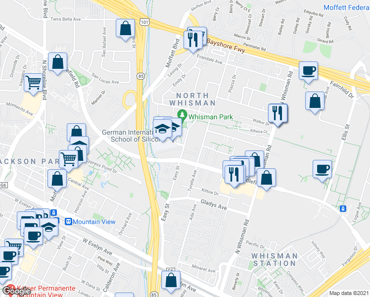 map of restaurants, bars, coffee shops, grocery stores, and more near 305 Easy Street in Mountain View