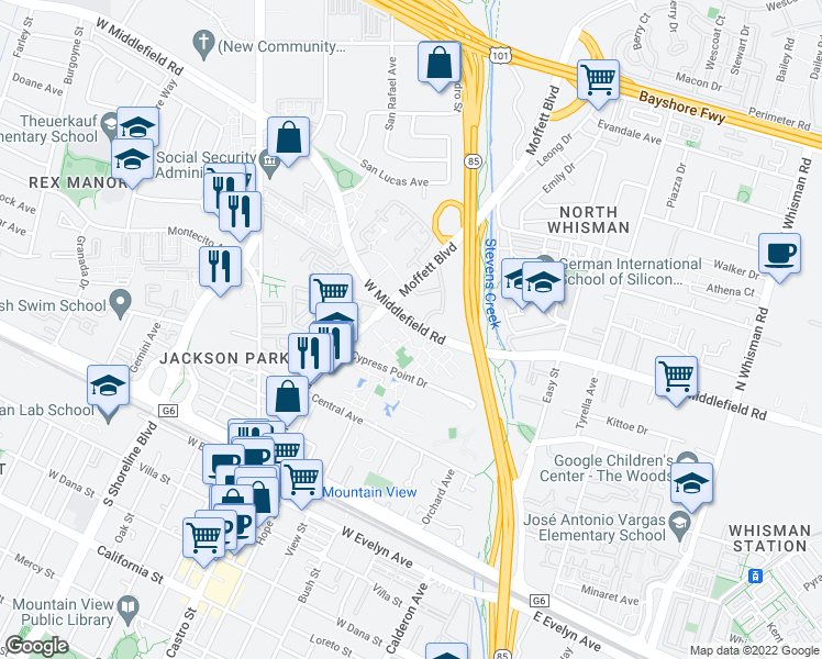 map of restaurants, bars, coffee shops, grocery stores, and more near 555 West Middlefield Road in Mountain View