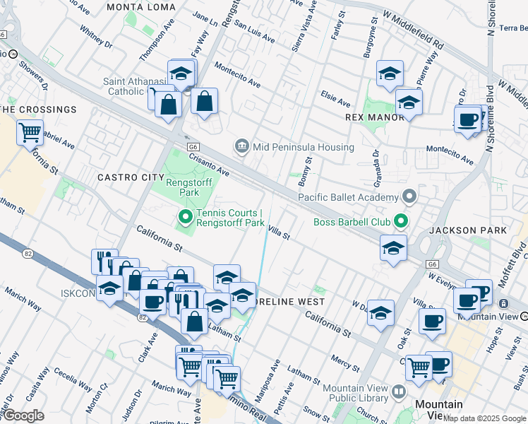 map of restaurants, bars, coffee shops, grocery stores, and more near 196 Escuela Avenue in Mountain View