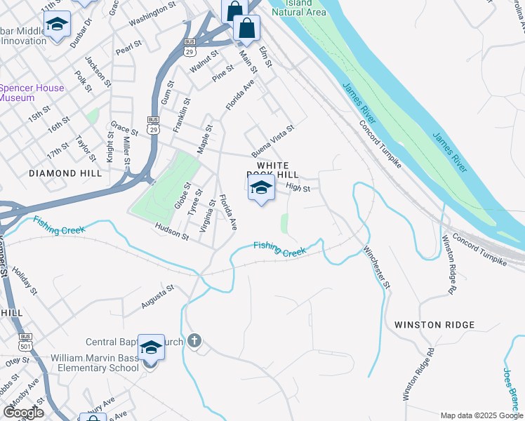 map of restaurants, bars, coffee shops, grocery stores, and more near 2401 High Street in Lynchburg