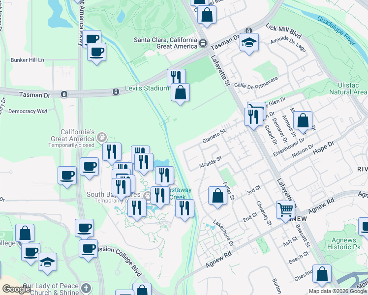 map of restaurants, bars, coffee shops, grocery stores, and more near 2348 Gianera Street in Santa Clara