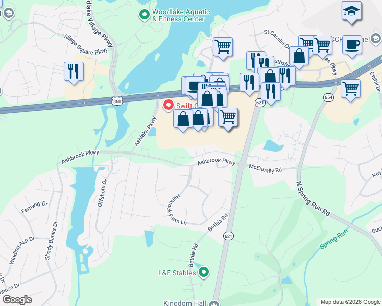 map of restaurants, bars, coffee shops, grocery stores, and more near 7404 Hancock Towns Court in Chesterfield