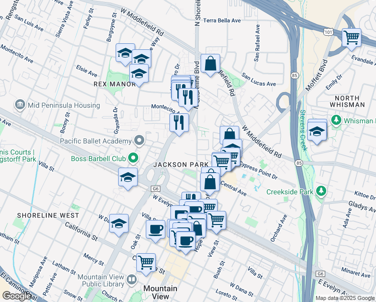map of restaurants, bars, coffee shops, grocery stores, and more near 920 Wright Avenue in Mountain View