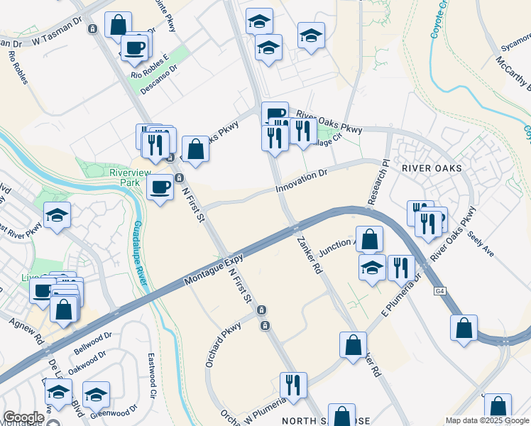 map of restaurants, bars, coffee shops, grocery stores, and more near 3151 Zanker Road in San Jose