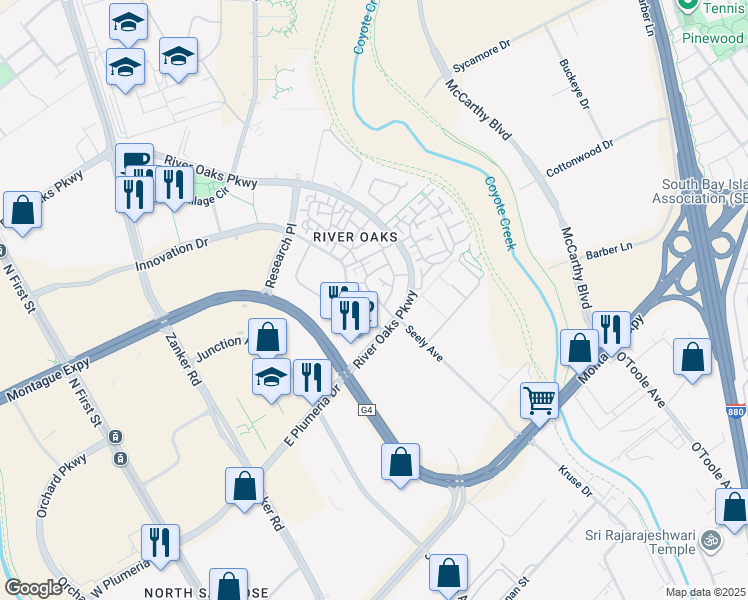 map of restaurants, bars, coffee shops, grocery stores, and more near 460 Navaro Way in San Jose
