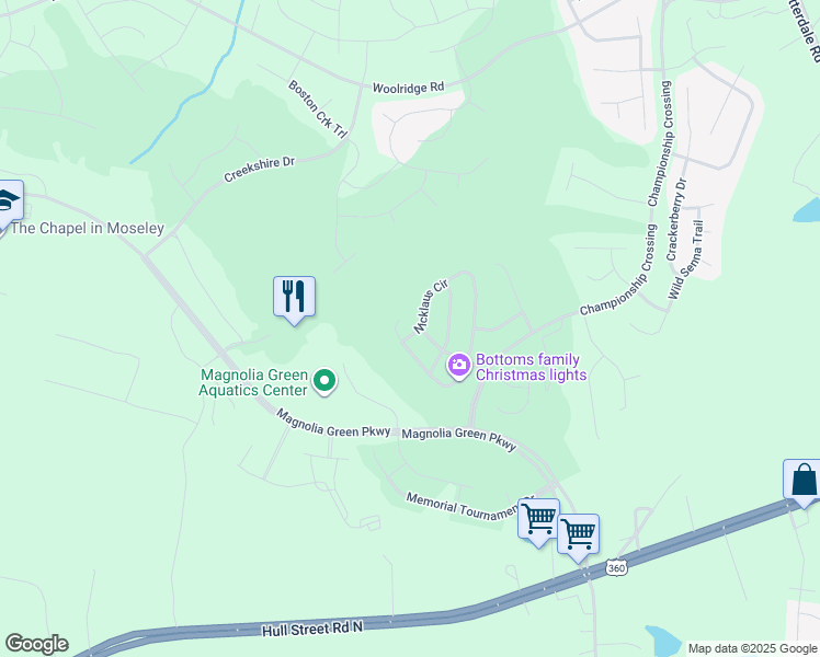 map of restaurants, bars, coffee shops, grocery stores, and more near 7111 Nicklaus Circle in Moseley