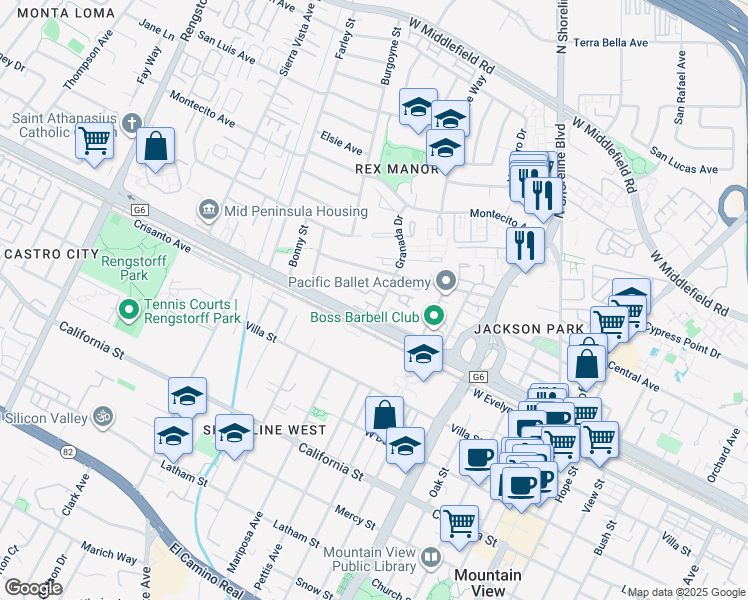 map of restaurants, bars, coffee shops, grocery stores, and more near 144 Granada Drive in Mountain View
