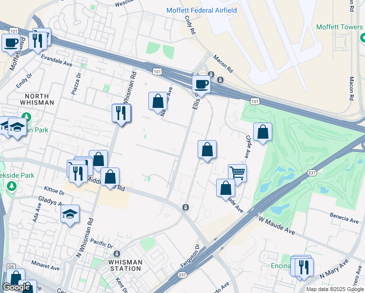 map of restaurants, bars, coffee shops, grocery stores, and more near 475 Ellis St in Mountain View