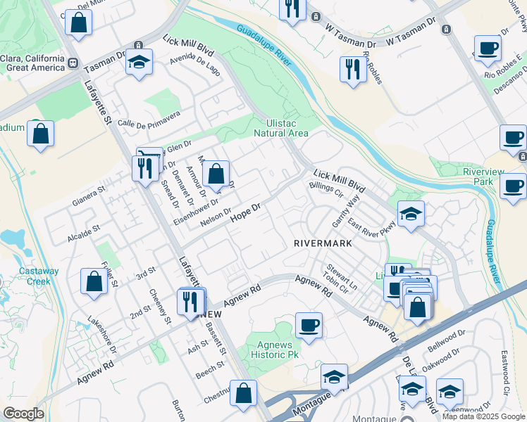 map of restaurants, bars, coffee shops, grocery stores, and more near 1608 Hope Drive in Santa Clara