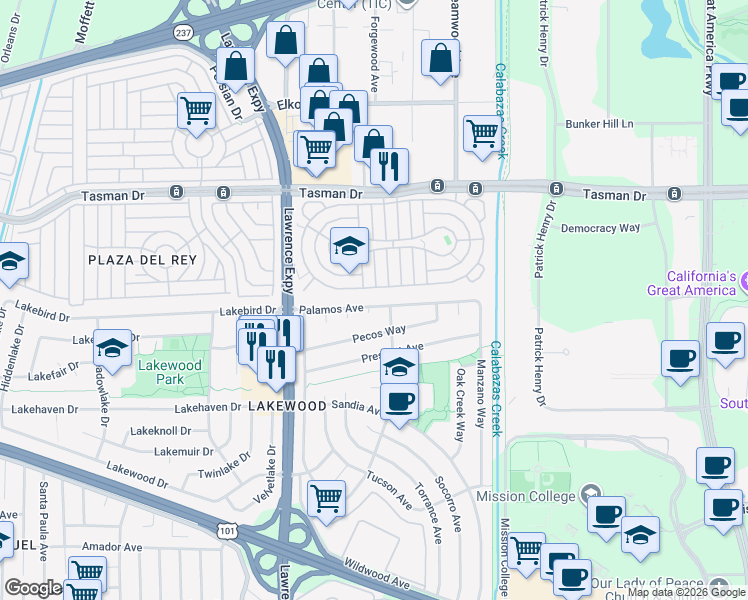 map of restaurants, bars, coffee shops, grocery stores, and more near 1194 Driftwood Court in Sunnyvale