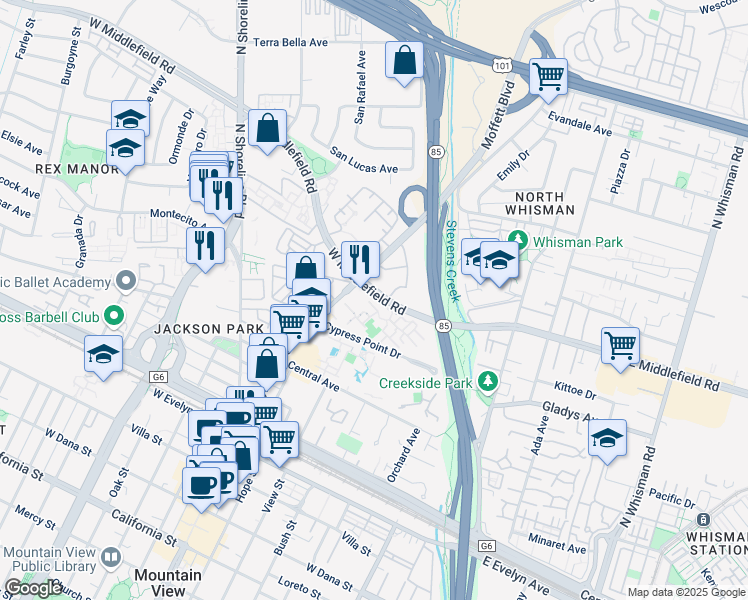 map of restaurants, bars, coffee shops, grocery stores, and more near Unnamed Road in Mountain View