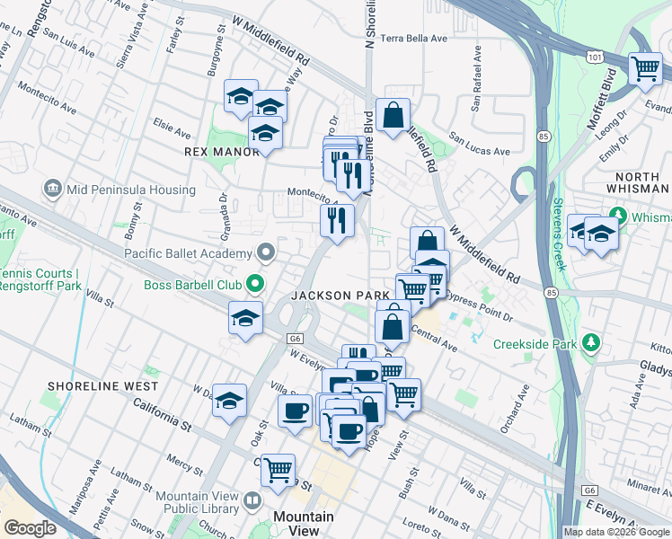 map of restaurants, bars, coffee shops, grocery stores, and more near 920 Wright Avenue in Mountain View