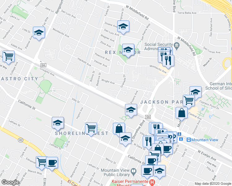 map of restaurants, bars, coffee shops, grocery stores, and more near 102 Granada Drive in Mountain View