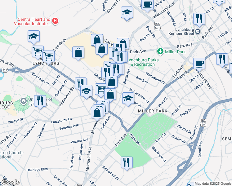 map of restaurants, bars, coffee shops, grocery stores, and more near 2704 Memorial Avenue in Lynchburg